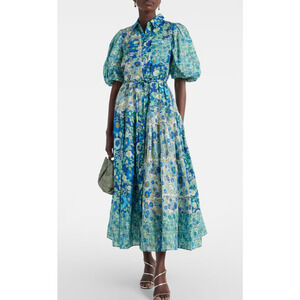 ALEMAIS Sacha Shirt Dress Midi Floral Blue Cotton Resort Button Front 8